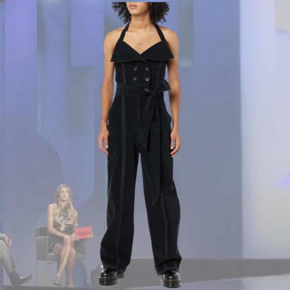 NWT MAKING THE CUT - Deconstructed Halter Jumpsuit Corduroy - Black - S  |  M
